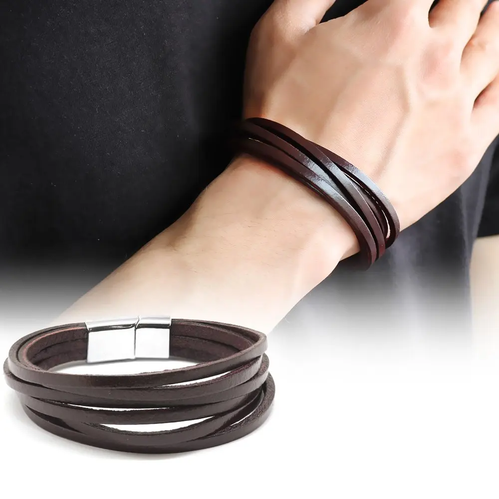 

Six Row Brown Leather-steel Kombinli Male Bracelet