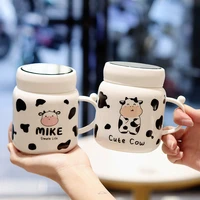cartoon cow mirror mug cute cow spotted ceramic water bottle with handle couple kawaii student drink milk cup office gift