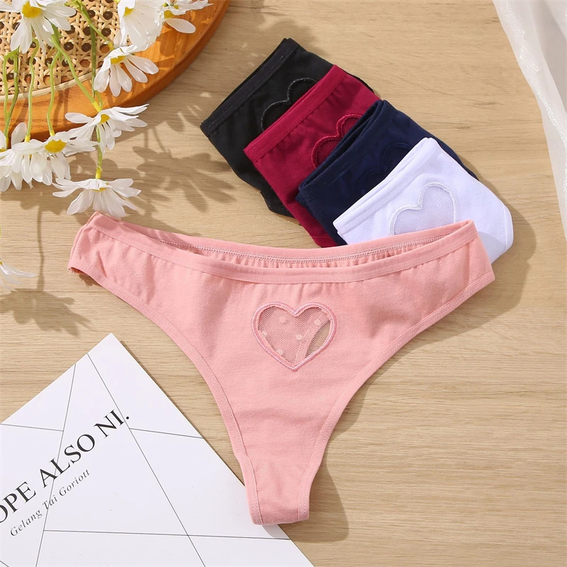 

2022 New Products 3 Pieces/Sets Of Sexy Lace Thong Women's Solid Color Hollow Small Love Underwear Women's Soft And Breathable