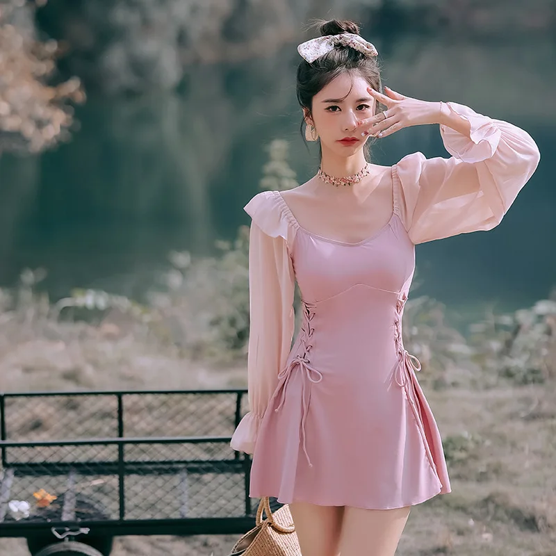 

Цельный купальник, женское красивое платье феи для девушек, стильное консервативное платье с высокой талией, тонкий купальник для живота, горячая весна, искусственный купальник