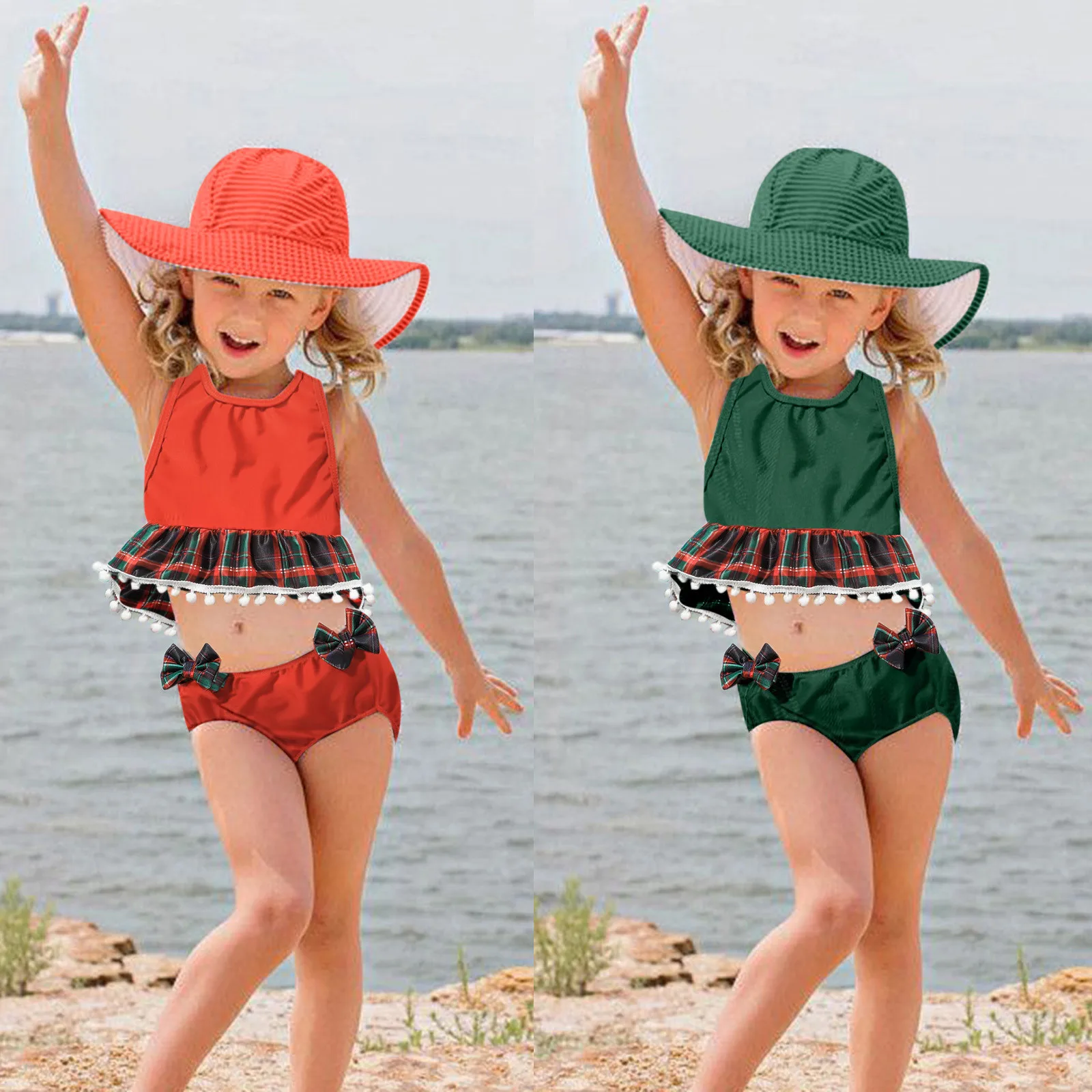 

Летний купальник для маленьких девочек, с бантом, с принтом в клетку, с кисточками, из двух предметов, с оборками, стиль Женская одежда, Купал...