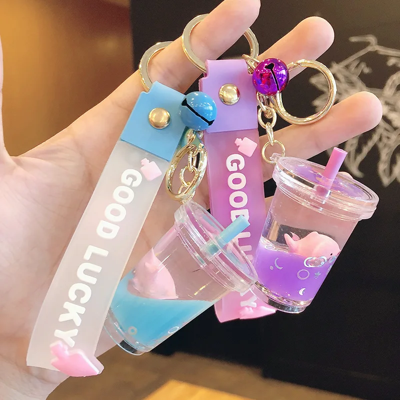 

Creative Dolphin Milk Tea Cup Liquid Floating Bottle Keychain Men and Women Bag Car Acrylic Pendant Friends Holiday Gift Keyring