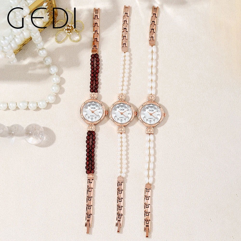 GEDI Luxury Women's Watches Waterproof Rhinestone Pearl Quartz Bracelet Watch for Women Elegant Ultra-thin Lady Watch Clock Gift