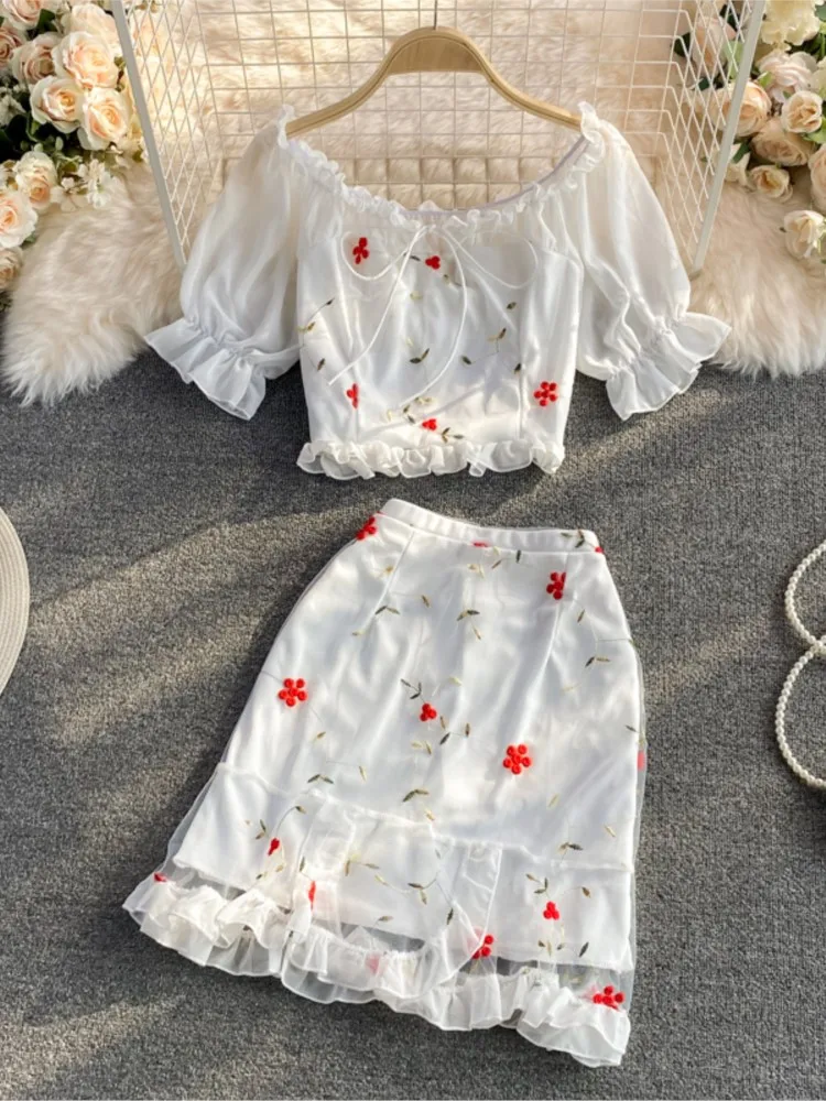 

New Women Sweet Skirt Set Summer Short Top & High Elastic Waist Mini Skirt Patchwork Female Casual 2pcs Sets Suit