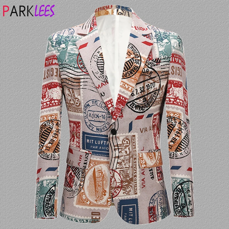 

Stylish Postmark Print Suit Jacket Men Brand One Button Notched Lapel Dress Blazers Mens Casual Party Prom Celebrations Costume