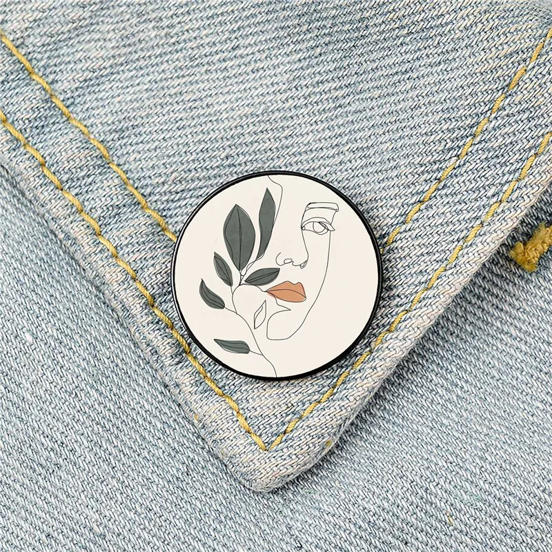 

Female woman line face art with nature drawing Pin Custom Funny Brooches Shirt Lapel Bag Cute Badge Gift for Lover Friends