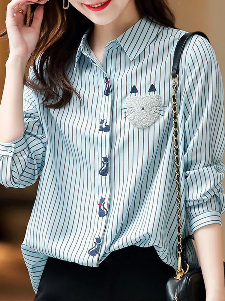 Повседневные свободные полосатые модные женские блузки на пуговицах с вышивкой