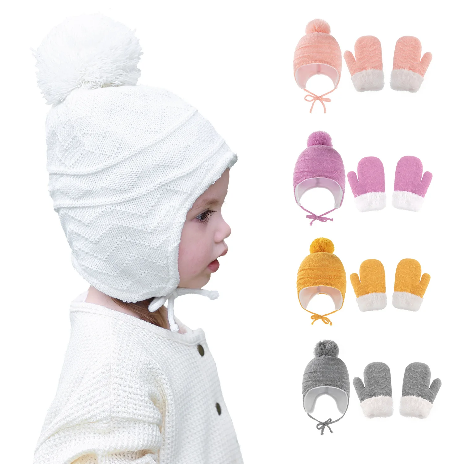 

1-2pcs Autumn Winter Baby Hat Gloves Set Beanie Bonnet Crochet Solid Girls Boys Cap Pompom Infant Accessories Ear Warmer Stuff