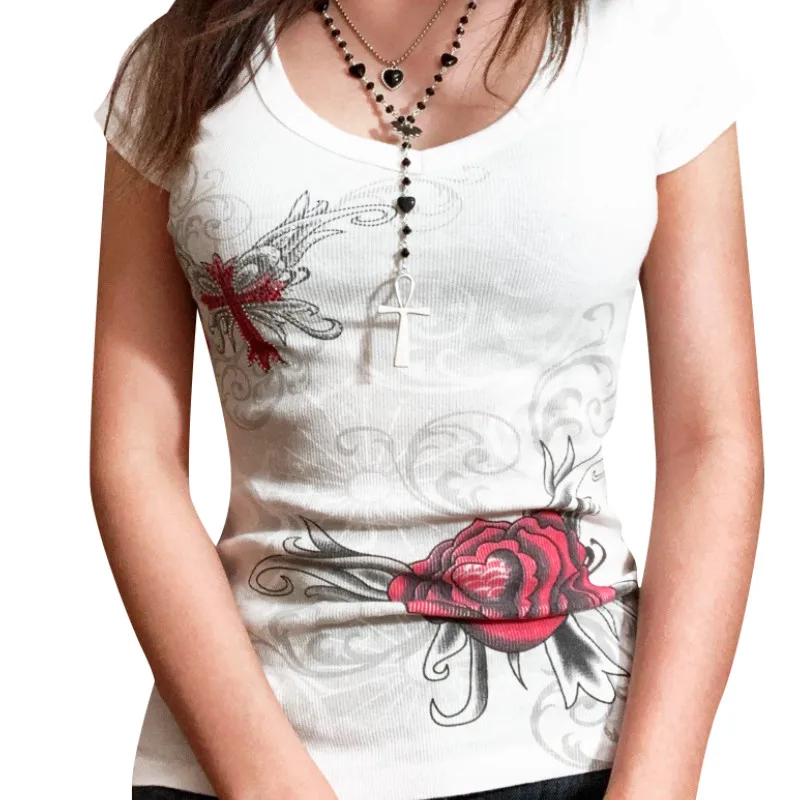 

Женская футболка Стразы с цветочным принтом, облегающая футболка с коротким рукавом и круглым вырезом, летние топы