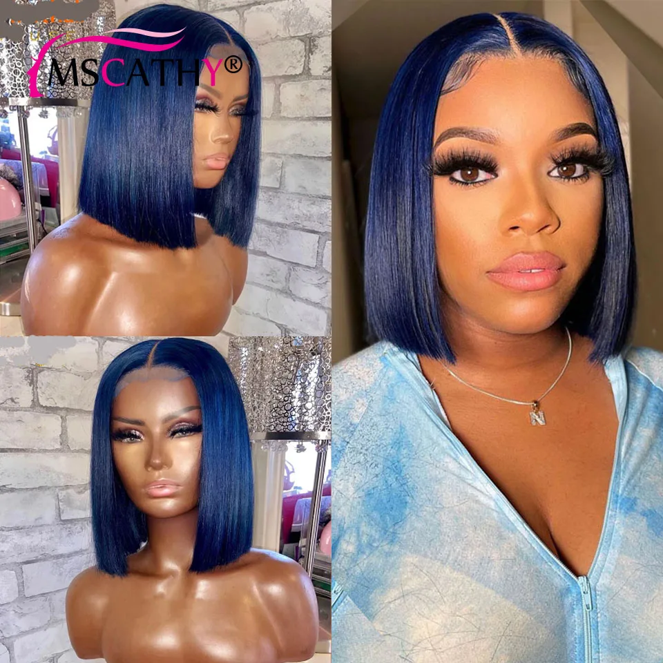 Голубые короткие парики боб для черных женщин предварительно выщипанные