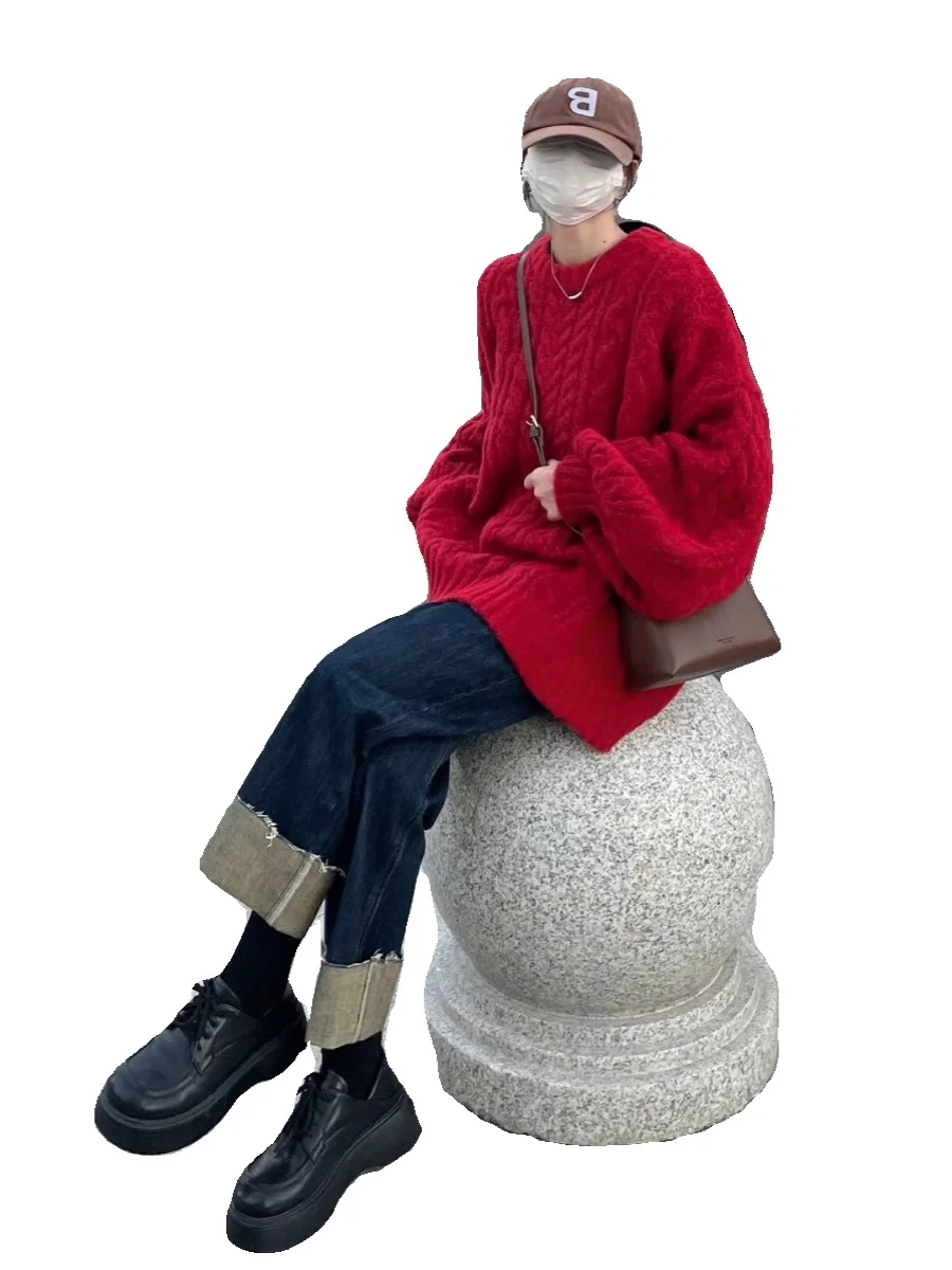 Idle Sle Korean Red Twist Knit sweater Women Autumn New High-Grade round Neck Loose All-Match Sweater Fashion