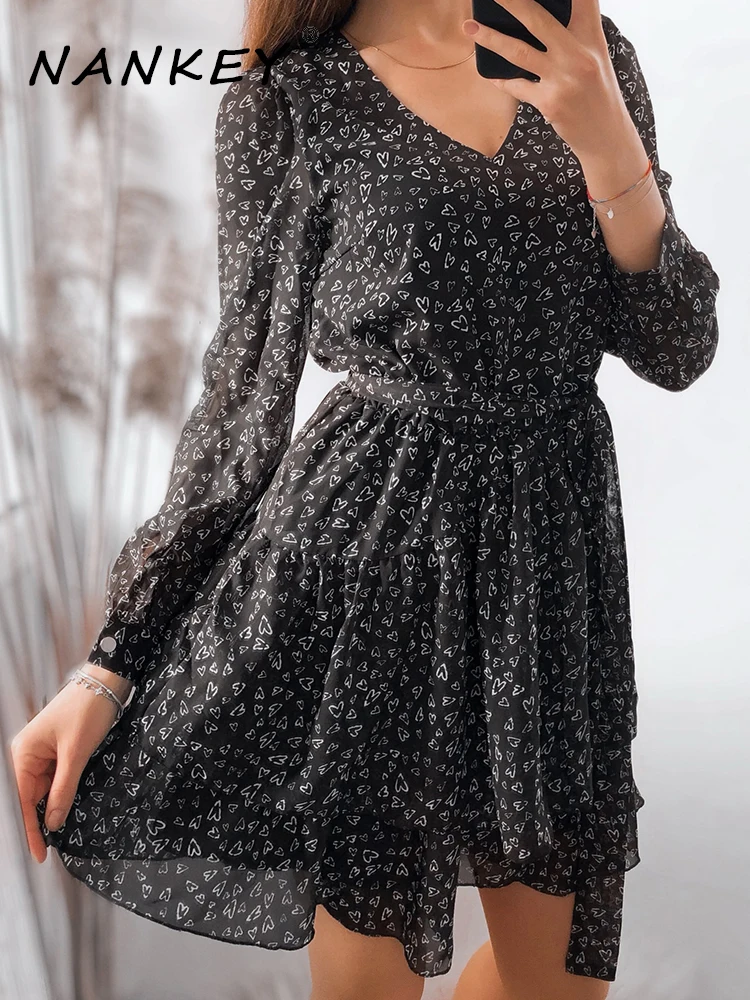 

Женское шифоновое платье с длинным рукавом, V-образным вырезом и поясом на резинке