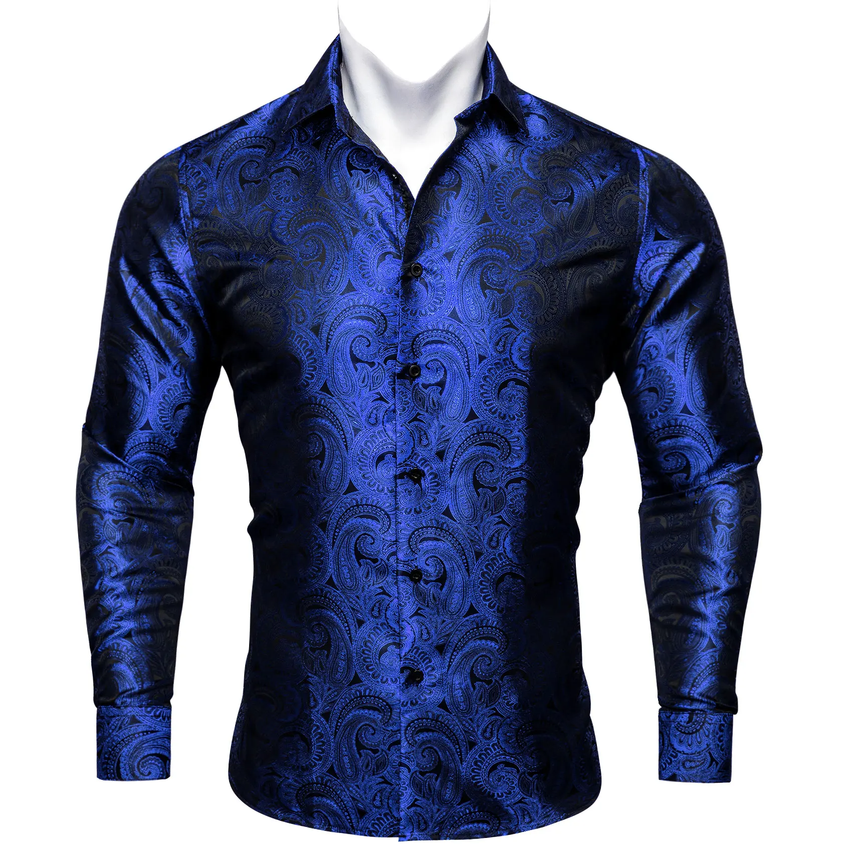 

Classic Silk Shirts for Men Royal Blue Formal Printed Slim Fit Embroidered Long Sleeve Blouse Fit Business Party Luxury CY-0602