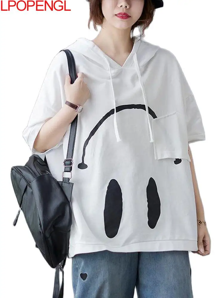 

Fashion Short Sleeve Women Graphic T Shirts Female Summer New Loose Casual Korean Hooded Top Shirts Female Y2k Printing Top