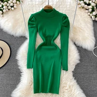 puff sleeve stand collar knitted dress with slim stretch tight fitting hip bottoming sweater dress in autumn and winter