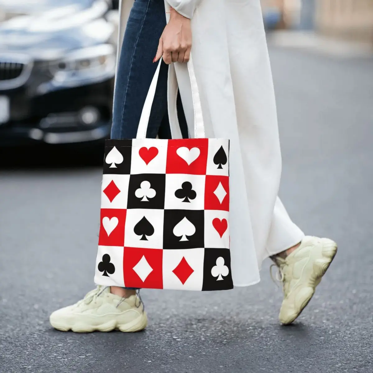 Poker Suits Grid Pattern Women Canvas Handbag Large Capacity Shopper Bag Tote Bag withSmall Shoulder Bag