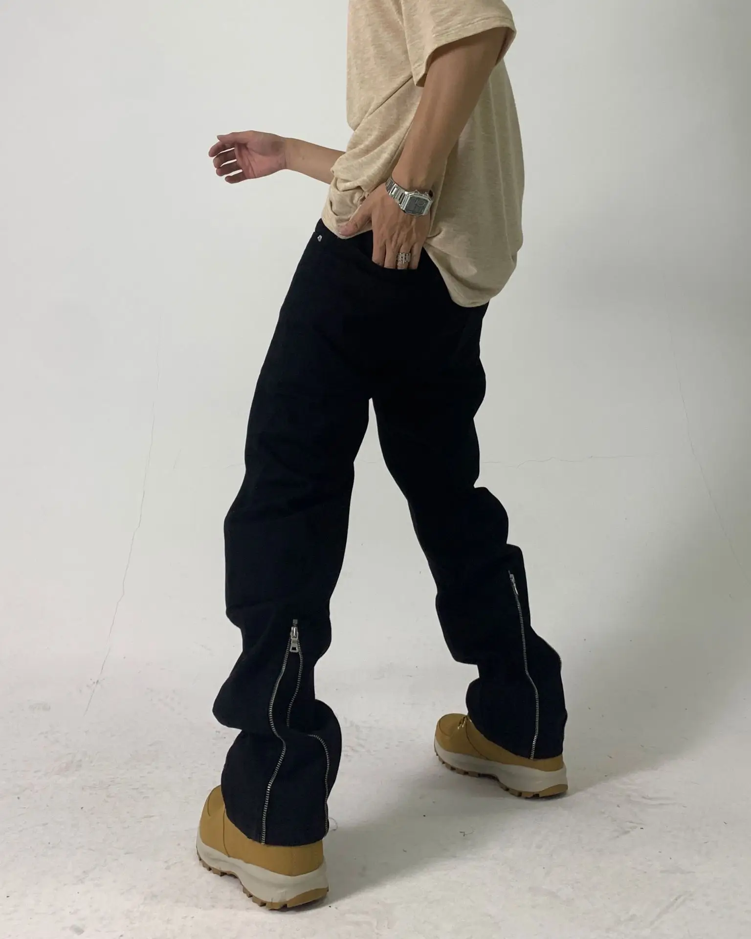 

ZCSMLL High Street Heel Zipper Jeans Korean Version Loose Straight Tube Drape Trendy Casual Trousers for Men and Women