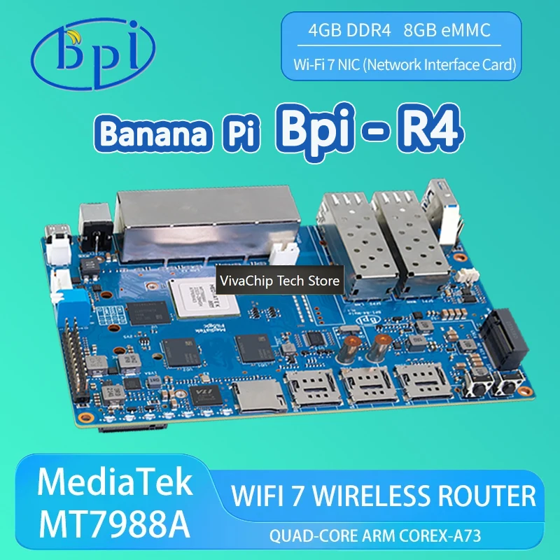 Фото VivaChip TechBanana Pi BPI-R4 4 ГБ DDR4 8 ГБ EMMC MediaTek MT7988A (Filogic 880) Четырехъядерный процессор Arm Cortex-A73, одноплатный компьютер с флеш-памятью №2