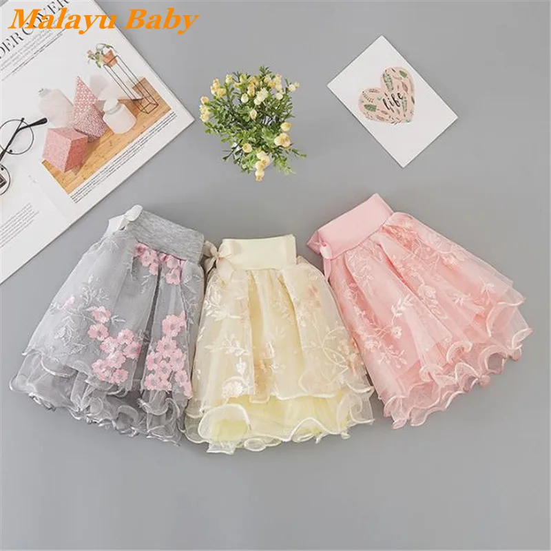 

MALAYU BABY Toddler Girls Princess Skirt Kids Clothing 2022 Summer New Lace Tutu Cute Bowknot Mesh Flower Embroidered Skirts