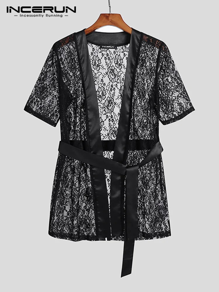 INCERUN 2023 New Men Mesh Robes Lace See-through Short Sleeve Sexy Leisure Bathrobes Belt Leisure Male Nightgown Homewear S-5XL