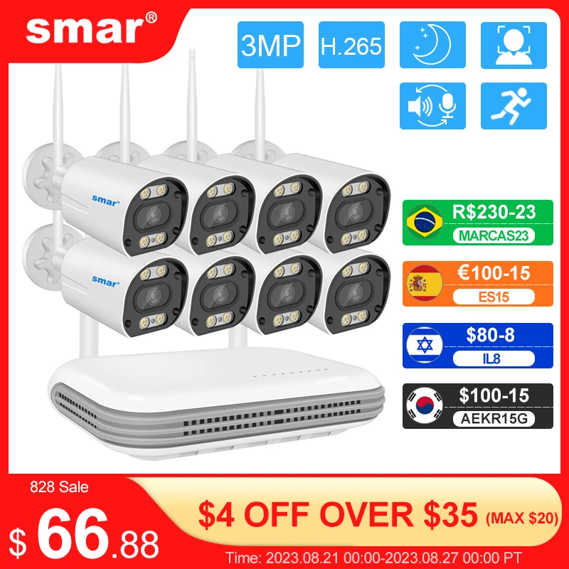 Smar Wireless Wifi Camera Kit 3MP Two Way Audio AI Face Detect Outdoor Security Camera 8CH NVR Video Surveillance System ICSEE