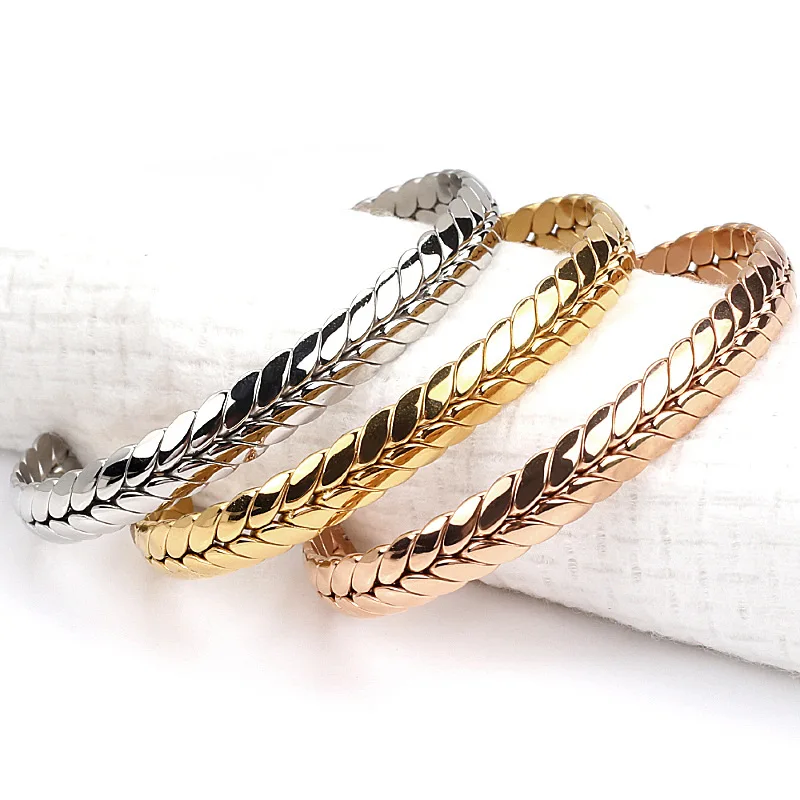 

6MM Width Ear of Wheat Cuff Bangles Stainless Steel C-Shape Bangle for Woman Girl Anniversary Gift