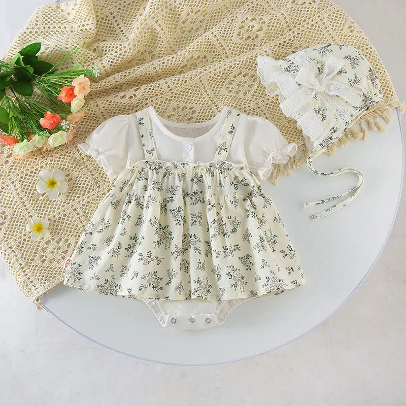 

Baby Girl Jumpsuit Spring Autumn Newborn Clothes Princess Floral Pretty Short Sleeve Romper +Hat 2Pcs Suit for 0-24M