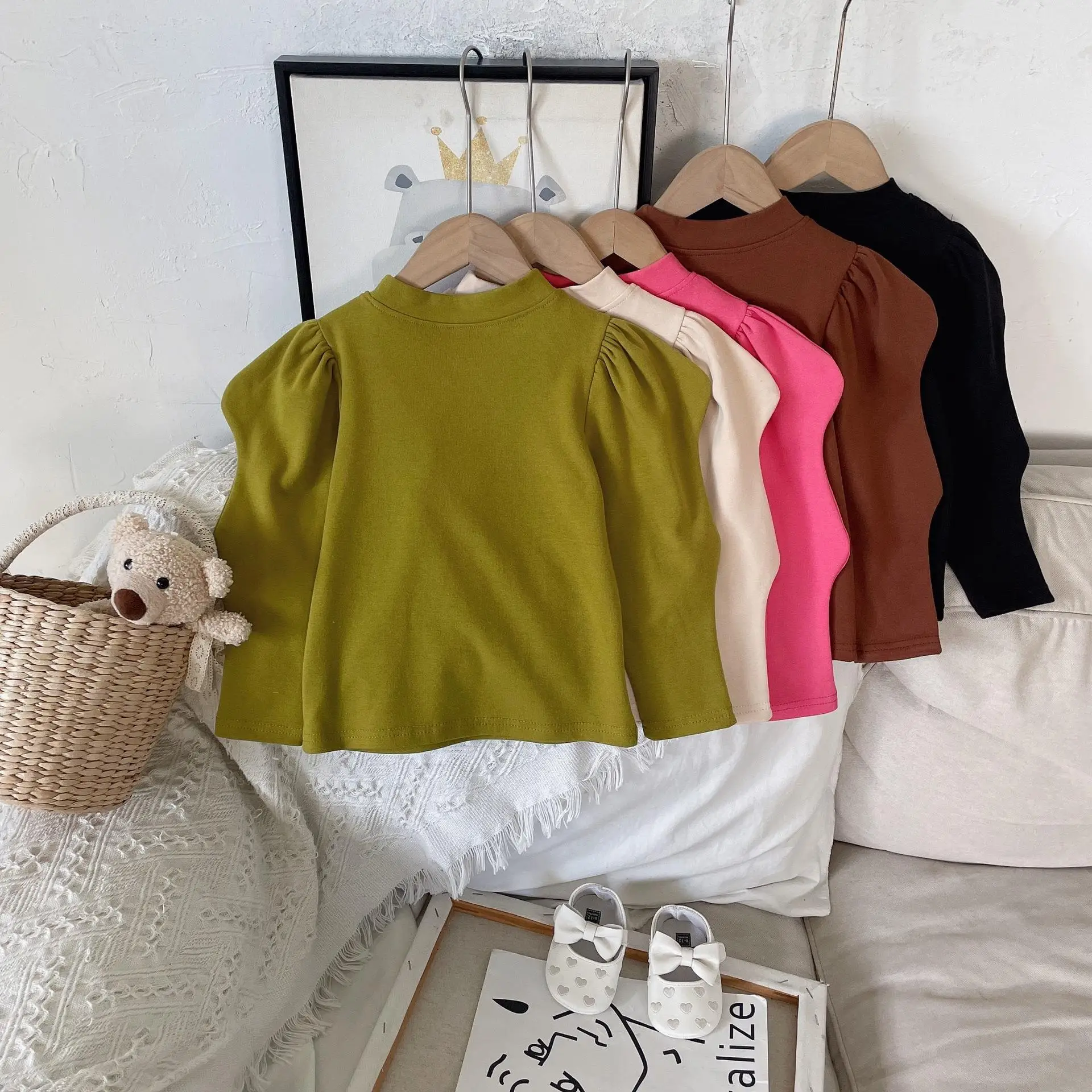 

2022New Autumn Girls Long Sleeve Tshirts Kids Solid Color Puff Sleeve Tops Tee Children's Soft Skinny Knitted Clothes T-Shirt 8T