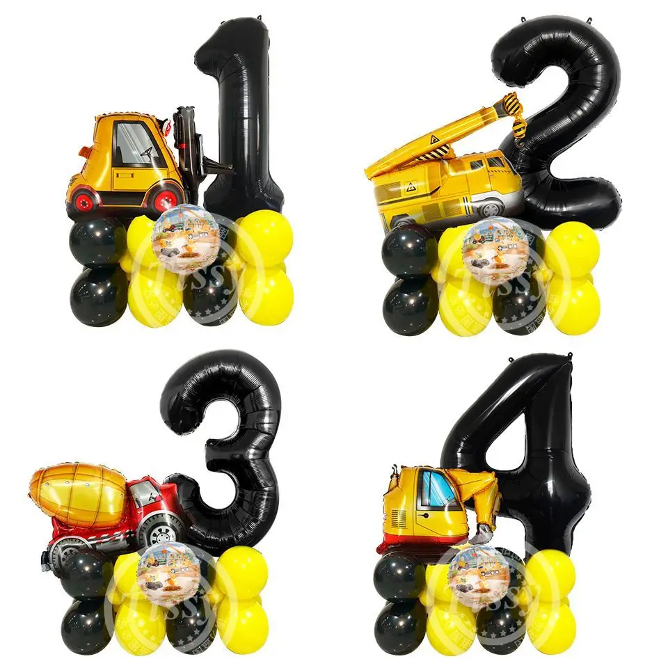 

36pcs Carton Excavator Vehicle Balloon Tower with 1-9 Black Number Balloon for Boy's Construction Birthday Party Decorations