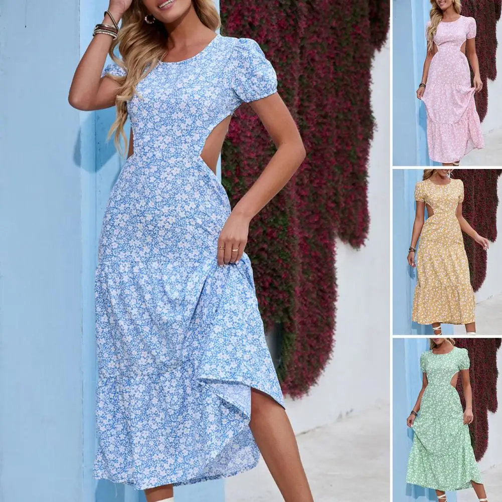 

Women Summer O Neck Floral Printed Sexy Chiffon Backless Big Swing Beach Dresses For Women 2022 Bohemian Long Dress Vestidos