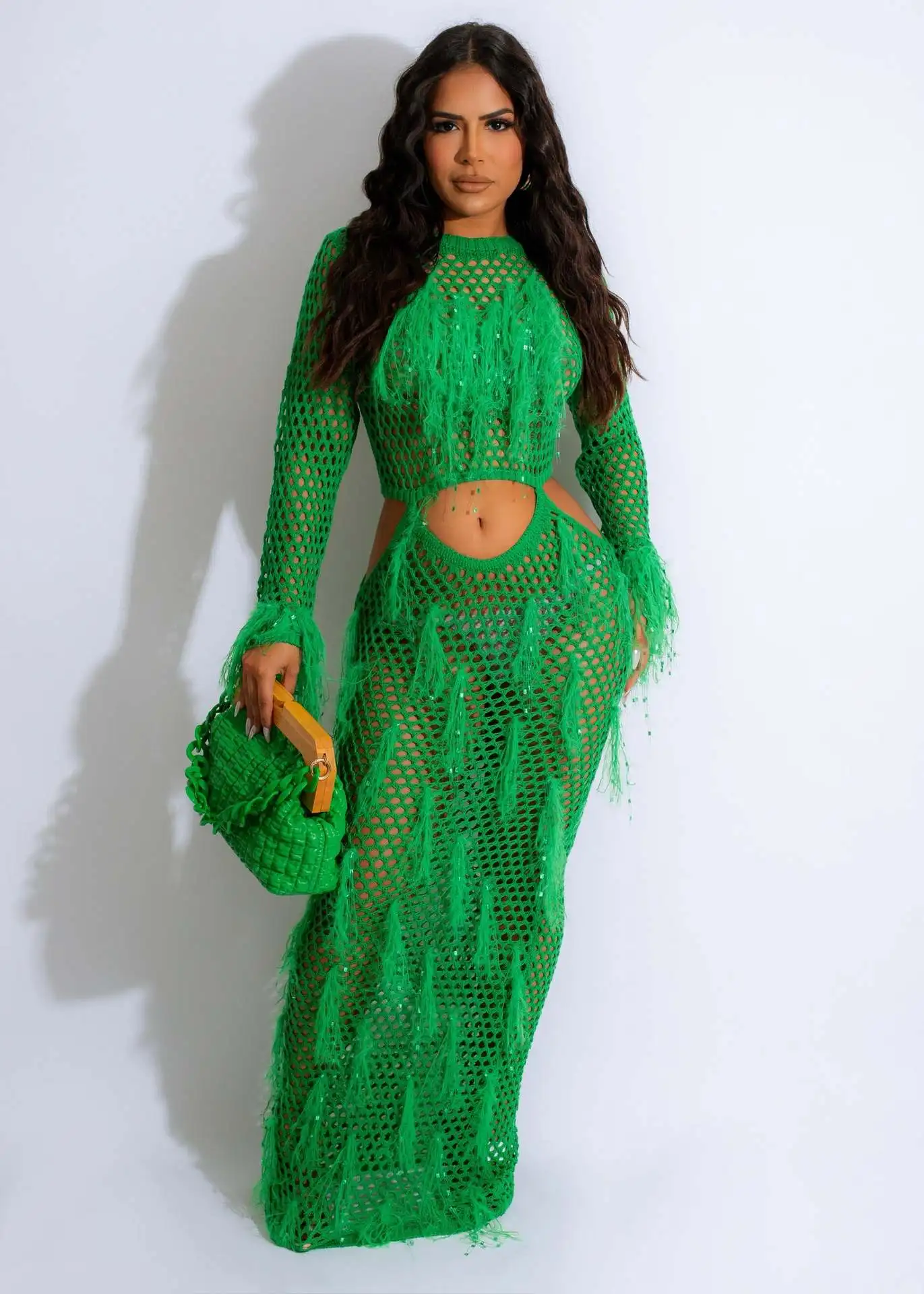 

Summer Dress Women 2023 Ribbed Knit Crochet Hollow Waist Tassel O-neck Maxi Dress Fashion Sexy Beach Vestidos