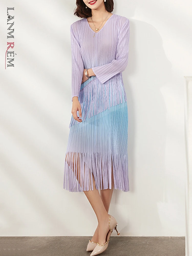 

LANMREM дизайнерское плиссированное платье с кисточками для женщин, v-образный вырез, длинные рукава, контрастные цвета, элегантные платья, новинка 2023, 2YA3798