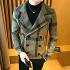Куртка мужская приталенная с отложным воротником, модная клетчатая верхняя одежда с длинным рукавом, пальто для отдыха, весна