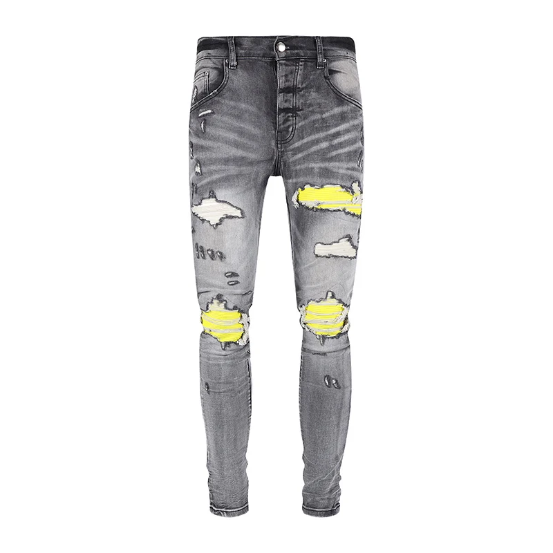 Street Fashion Men Jeans Retro Gray Elastic Stretch Skinny Ripped Jeans Men Yellow Patched Designer Hip Hop Brand Pants Hombre