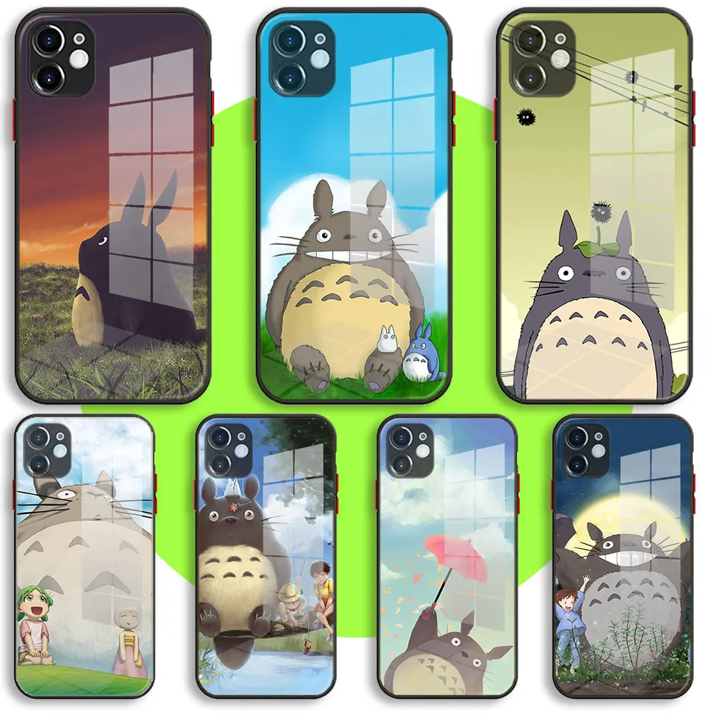 

Liquid Tempered Glass Case For iPhone 13 11 12 Mini Pro Max XS XR X 7 8 6 Plus SE2 Silicone Cover cartoon My Neighbor Totoro
