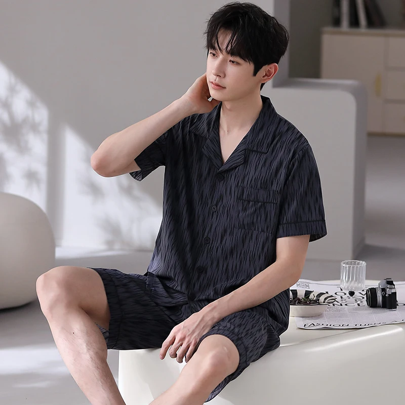 Высококачественные мужские пижамы из ледяного шелка летние рукава с короткими