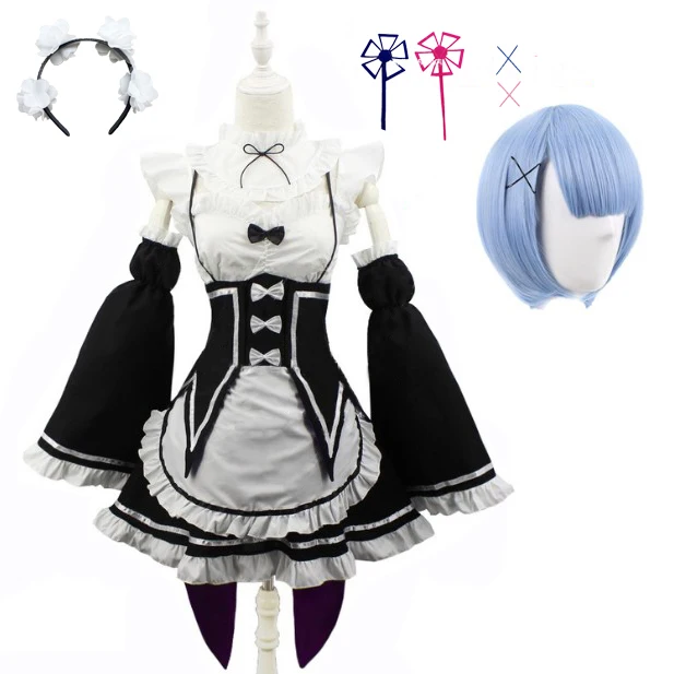 

Ram/Rem Cosplay Re:zero Kara Hajimeru Isekai Seikatsu black blue red Costume Maid Servant Dress