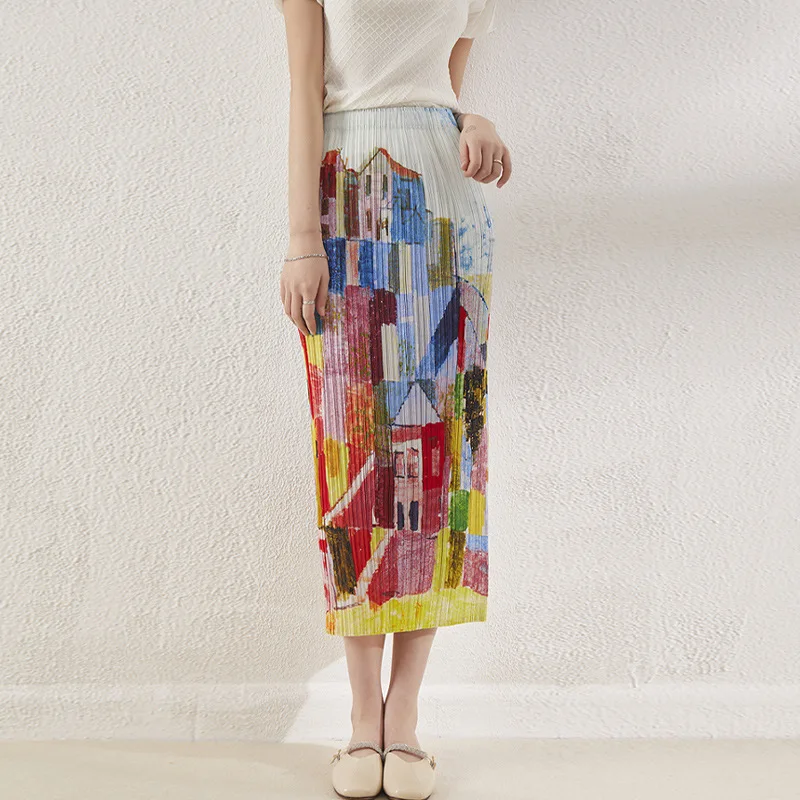 Miyake pleated 2022 spring and summer new women's KK pleated printed straight skirt high waist rear slit one-step skirt