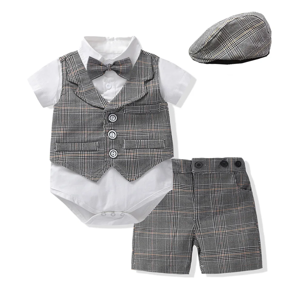 Baby Clothes Boy Gentleman Suit First Birthday Outfit  Bodysuits Pants with Cap Infant Toddler Wedding Photo Shoot