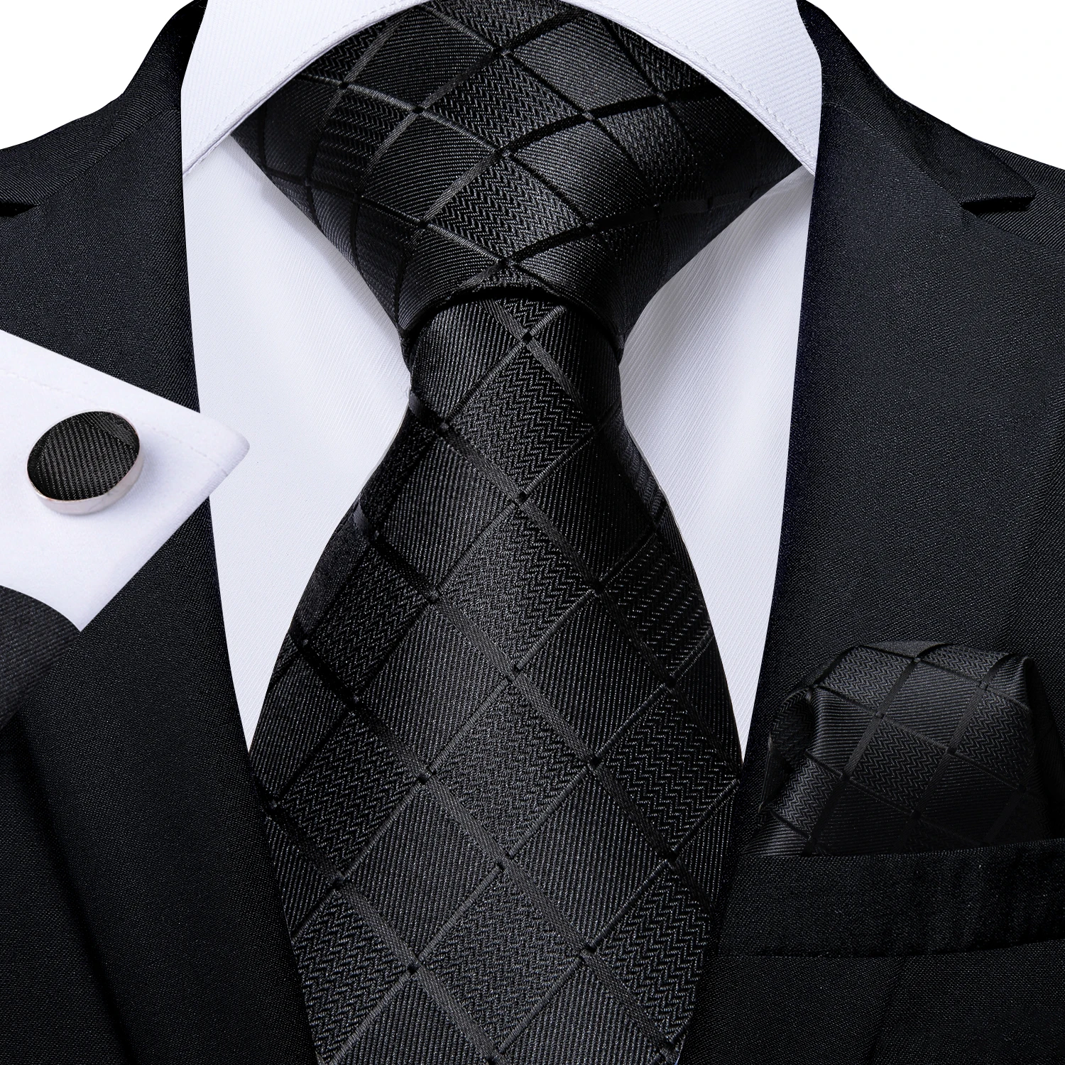 DiBanGu Business Plaid Black Solid Luxury Elegant Silk Ties for Men Designer Tie Buckle Handkerchief Cufflinks Wedding Accessori