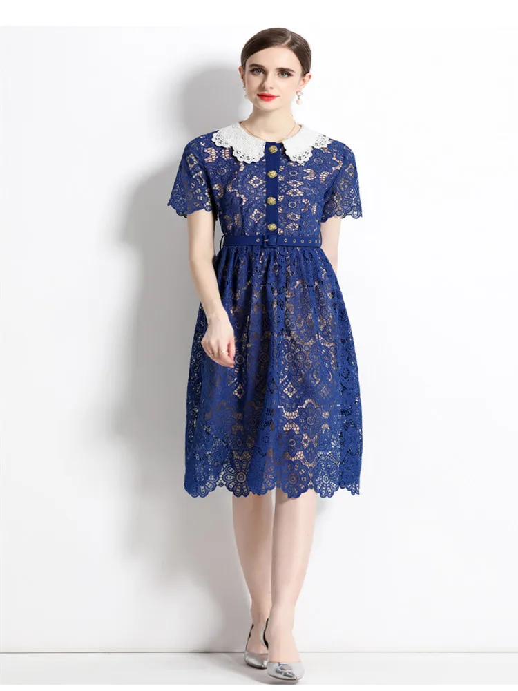 Summer Women's Dress Water-Soluble Flower Heavy Industry Embroidery Hollowed Out Lace Collar Short Sleeve Lace Dress
