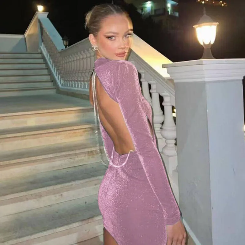 Sexy Backless Chain Glitter Party Dress for Women Clothes Vestido Elegant Outfits Autumn Long Sleeve Mini Dresses