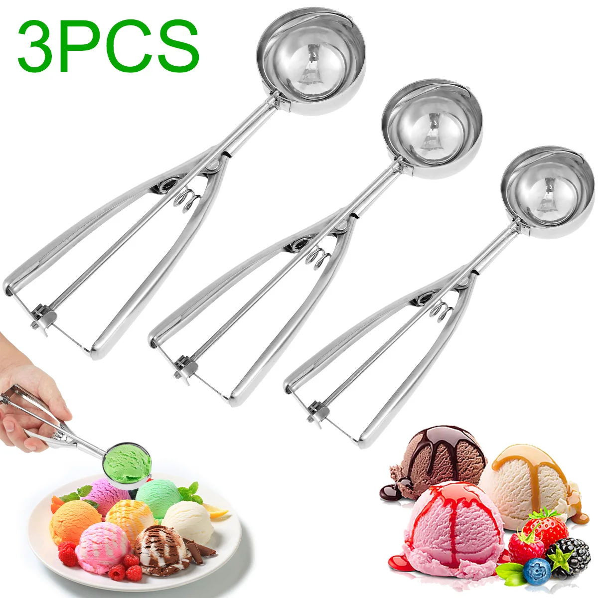 

3Pcs Ice Cream Scoop Set Stainless Steel Cookie Scooper Ergonomic Ice Cream Scoops Include Large-Medium-Small Size