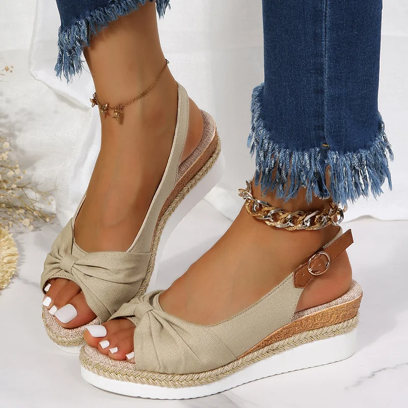 

Women's Sandals Peep Toe Casual Wedges Sandals Summer 2022 Non-slip Platform Gladiator Shoes Woman Flock Bowtie Large Size Shoes