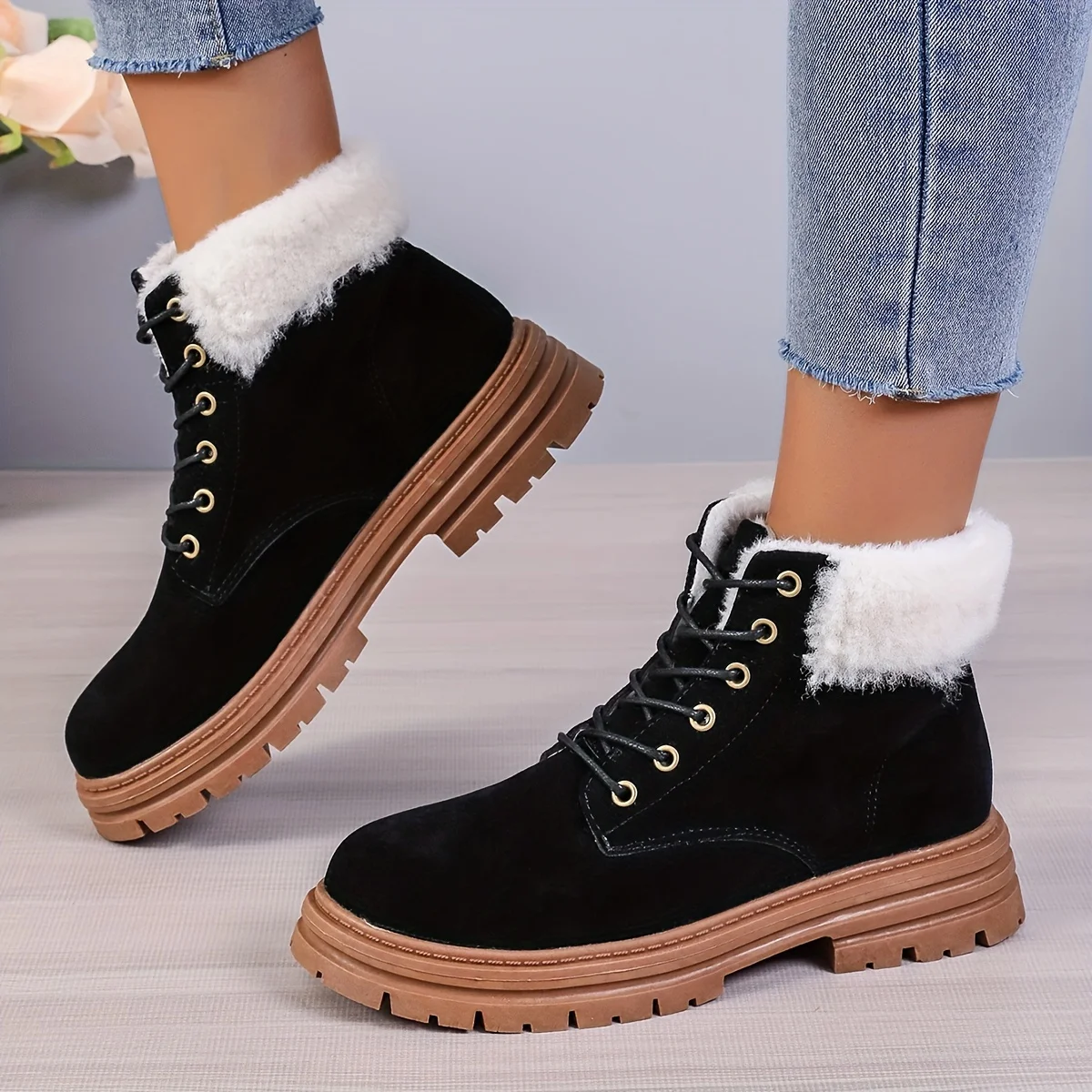 

Женские ботильоны на плюшевой подкладке, боевые ботинки на шнуровке с круглым носком, зимние теплые уличные зимние ботинки