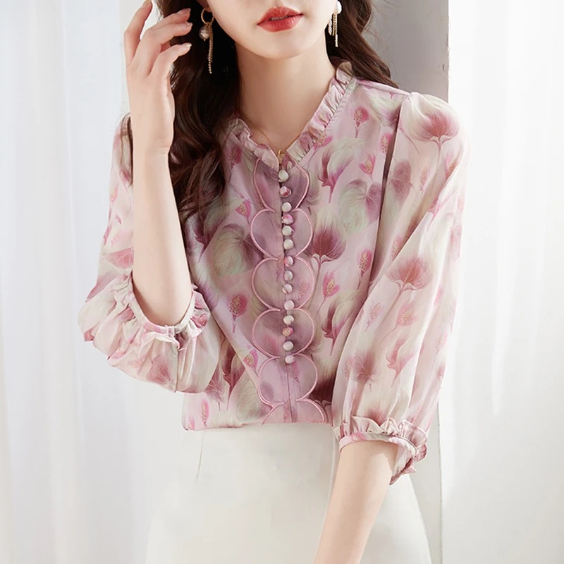 

Женская однобортная рубашка, шифоновая блузка с цветочным принтом и рукавами-фонариками, весна-лето