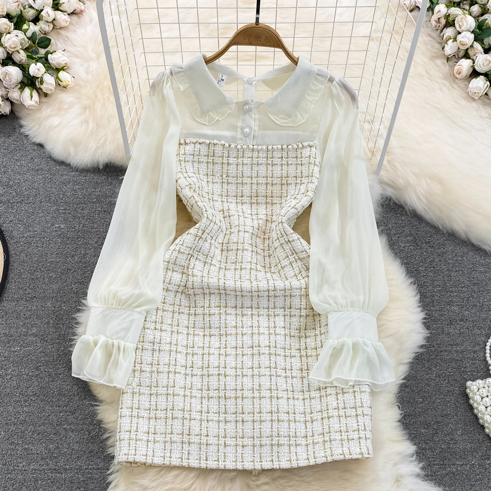 

Autumn Elegant Mini Dress for Women Bodycon Tweed Patchwork Long Sleeve Beading Slim Female Tarf Chic Vintage Robe Party New