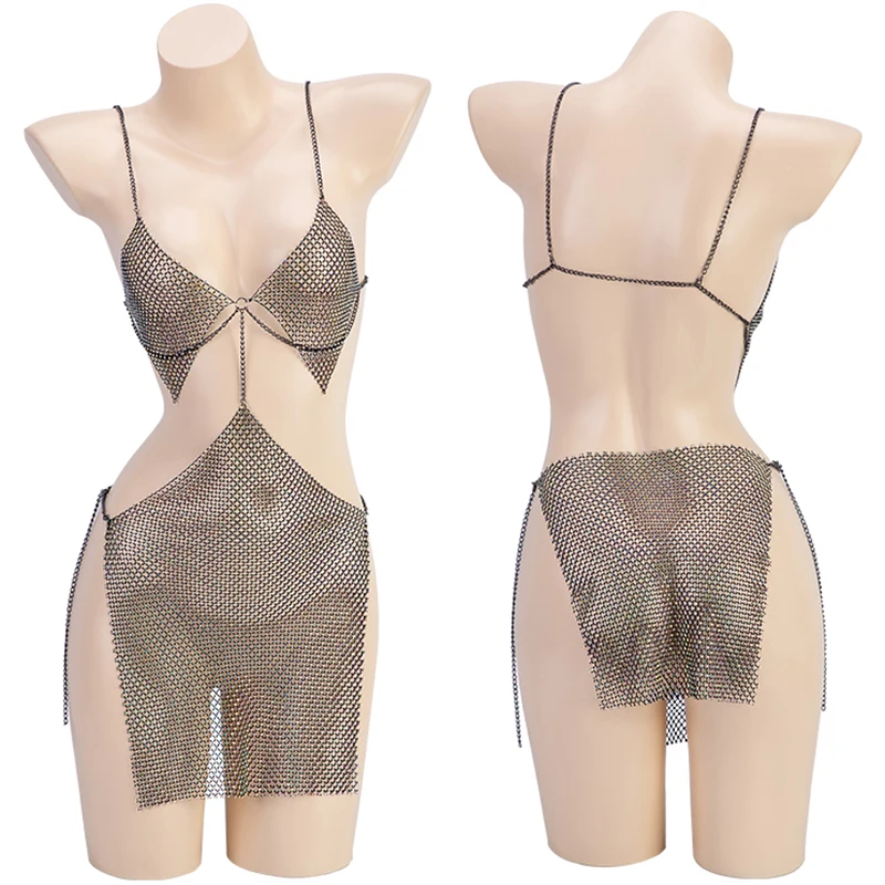 

Sexy Egyptian Queen Cosplay Costume Shiny Blings Metal Chain Fishnet Dress Uniform Nightclub Party Outfits
