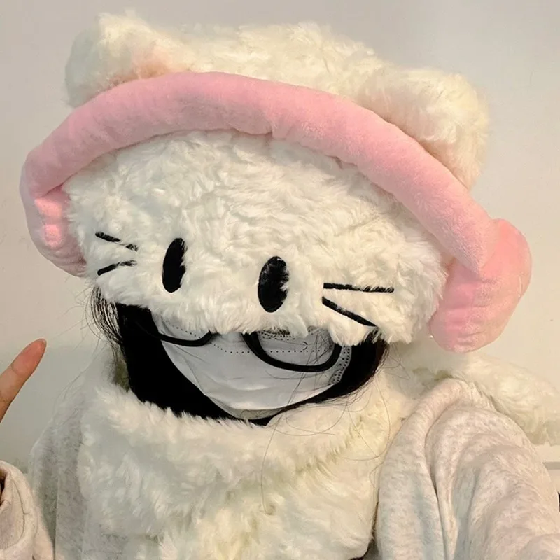Корейские шапки с кошачьими наушниками зимние женские теплые шарфом и ушками для