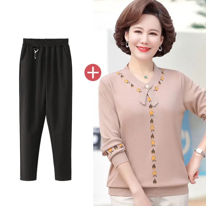

Spring Autumn Clothing New 2 Piece Sets Women 5XL V-neck Printed Knitwear Top + Casual Pants Suits Korean Womens Set Femme E283